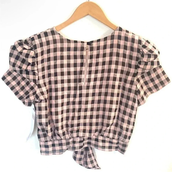 DRESS THE POPULATION Crop Top Size L Short Sleeve Black Pink Plaid Gingham EUC - Picture 3 of 6